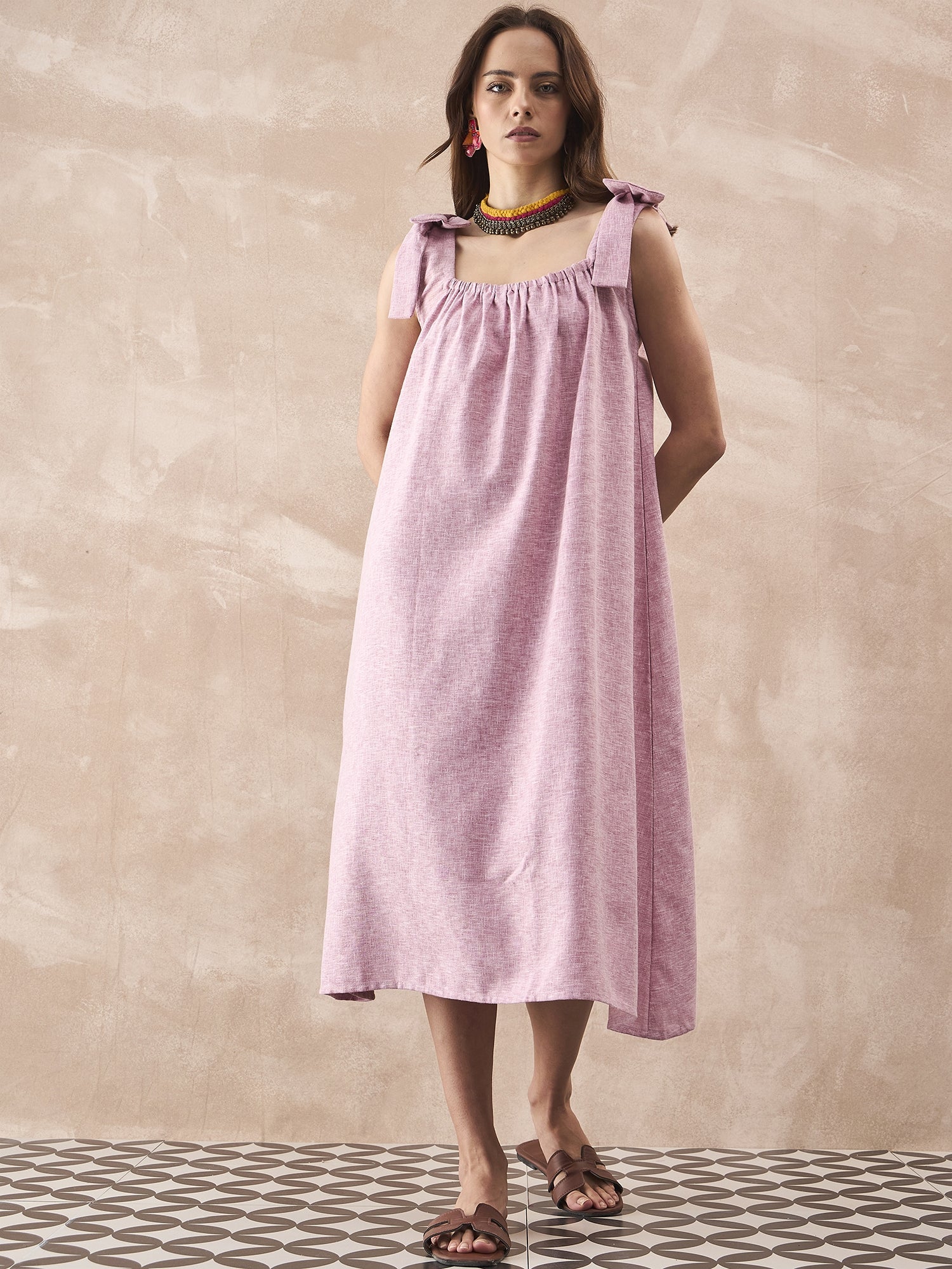 InWeave Dull Pink Linen Round Pleat Bow Dress | Grocsy