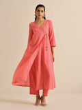 trueBrowns Bright Pink Dobby Angrakha Kurta Pant Set | Grocsy