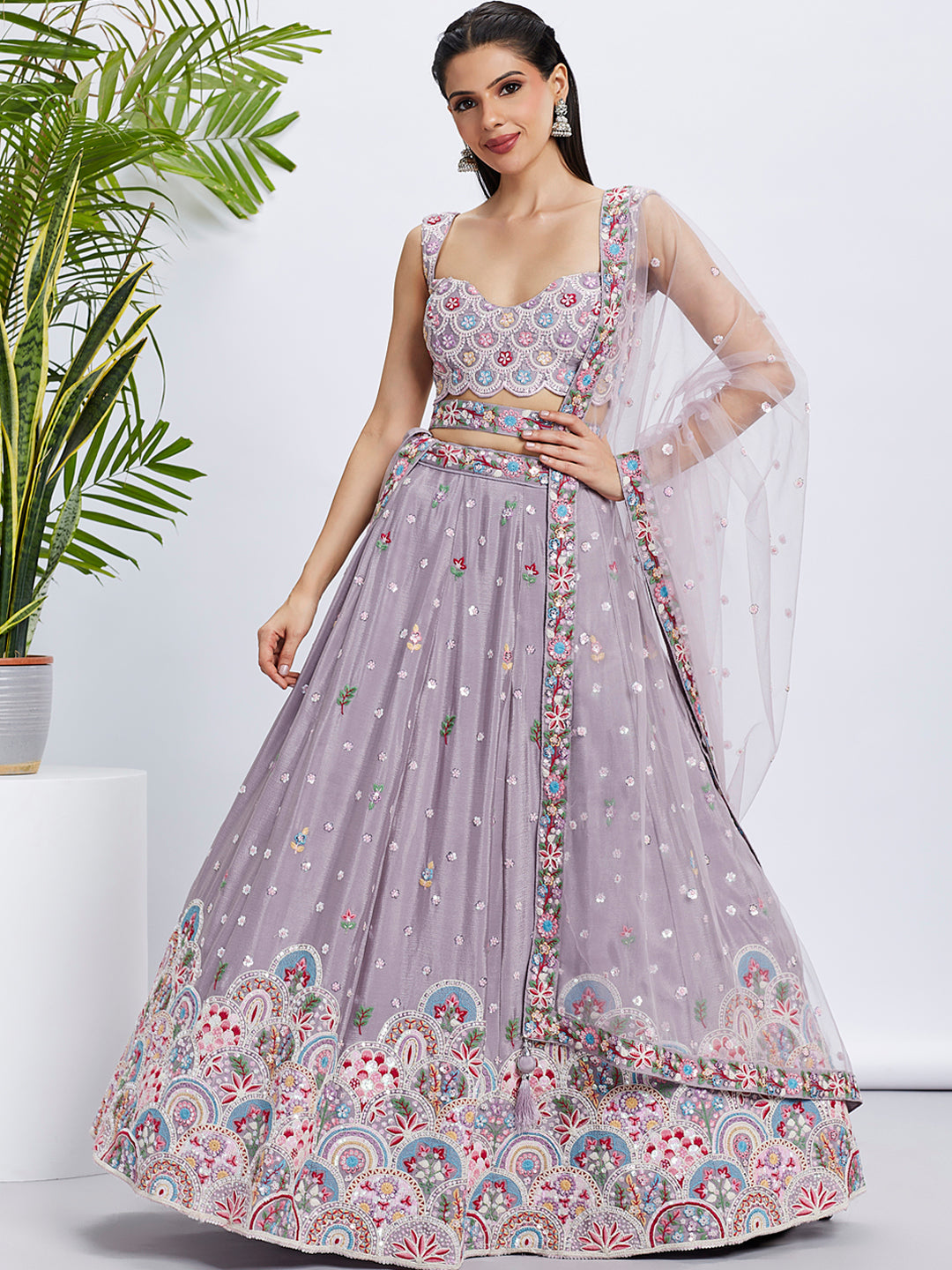 House of Panchhi Burgundy Pure Georgette Sequins And Thread Embroidery Lehenga Choli & Dupatta | Grocsy