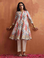 trueBrowns Off White Ikat Print Anarkali Kurta Co-ord Set | Grocsy