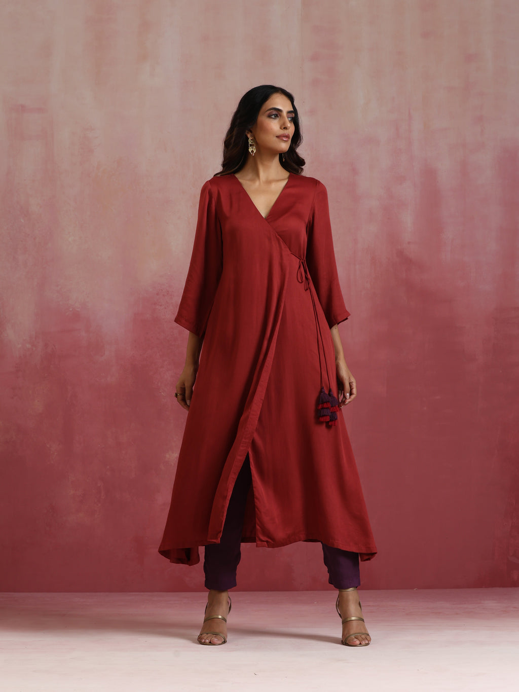 trueBrowns Maroon Modal Angrakha Kurta Set | Grocsy