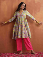 trueBrowns Yellow Print Anarkali Kurta Co-ord Set | Grocsy