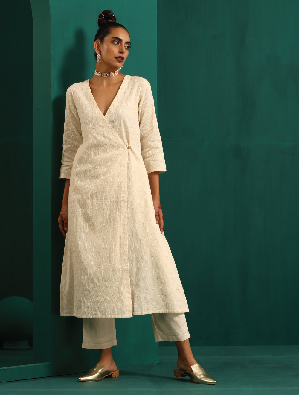 trueBrowns Ivory Tonal Cotton Angrakha Kurta Pant Set | Grocsy