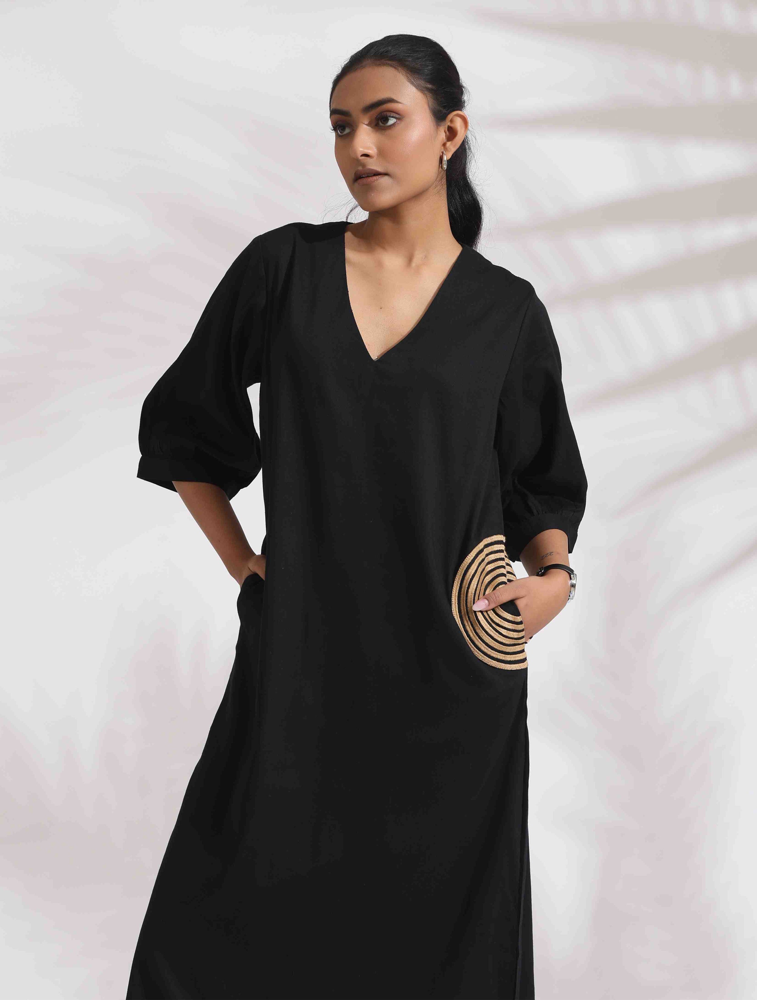trueBrowns Black Cotton Embroidered Dress | Grocsy