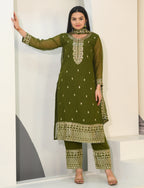 Teeya Creation Mehndi Color Faux Georgette Silk Heavy Embroidery Work Fully Stitched Salwar Suit | Grocsy