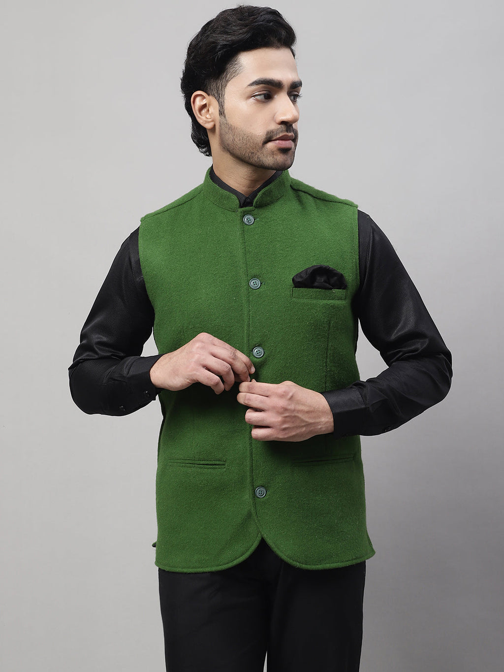 Even Apparels Men's Green Pure Wool Nehru Jacket | Grocsy