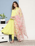 InWeave Women's Lime Green Tiered Anarkali Kurta Set | Grocsy