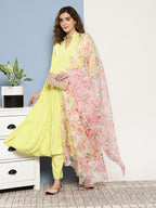 InWeave Women's Lime Green Tiered Anarkali Kurta Set | Grocsy
