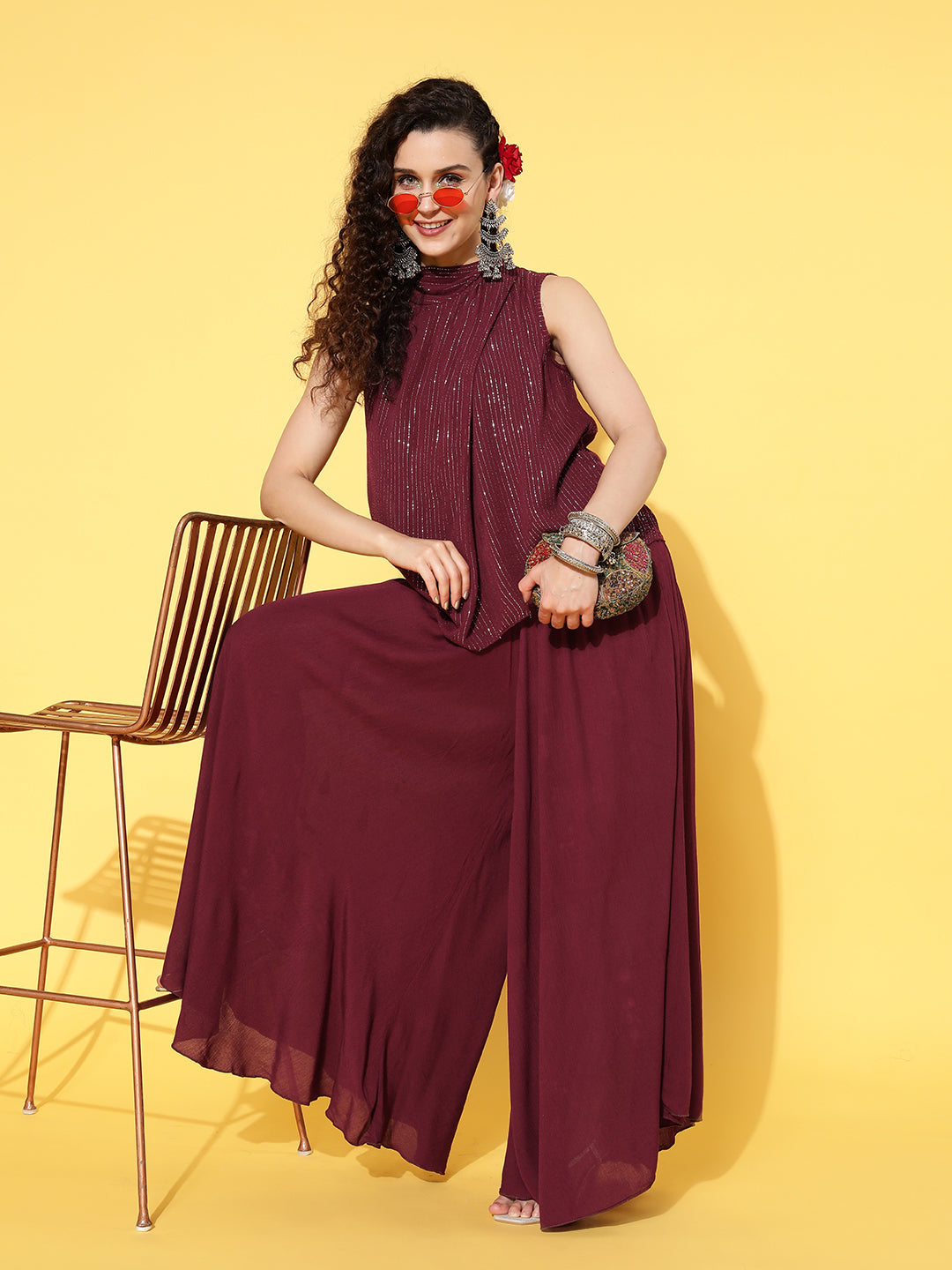 InWeave Women's Maroon Lurex Top With Flared Palazzo | Grocsy