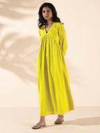 trueBrowns Lime Cotton Dobby Flared Dress | Grocsy