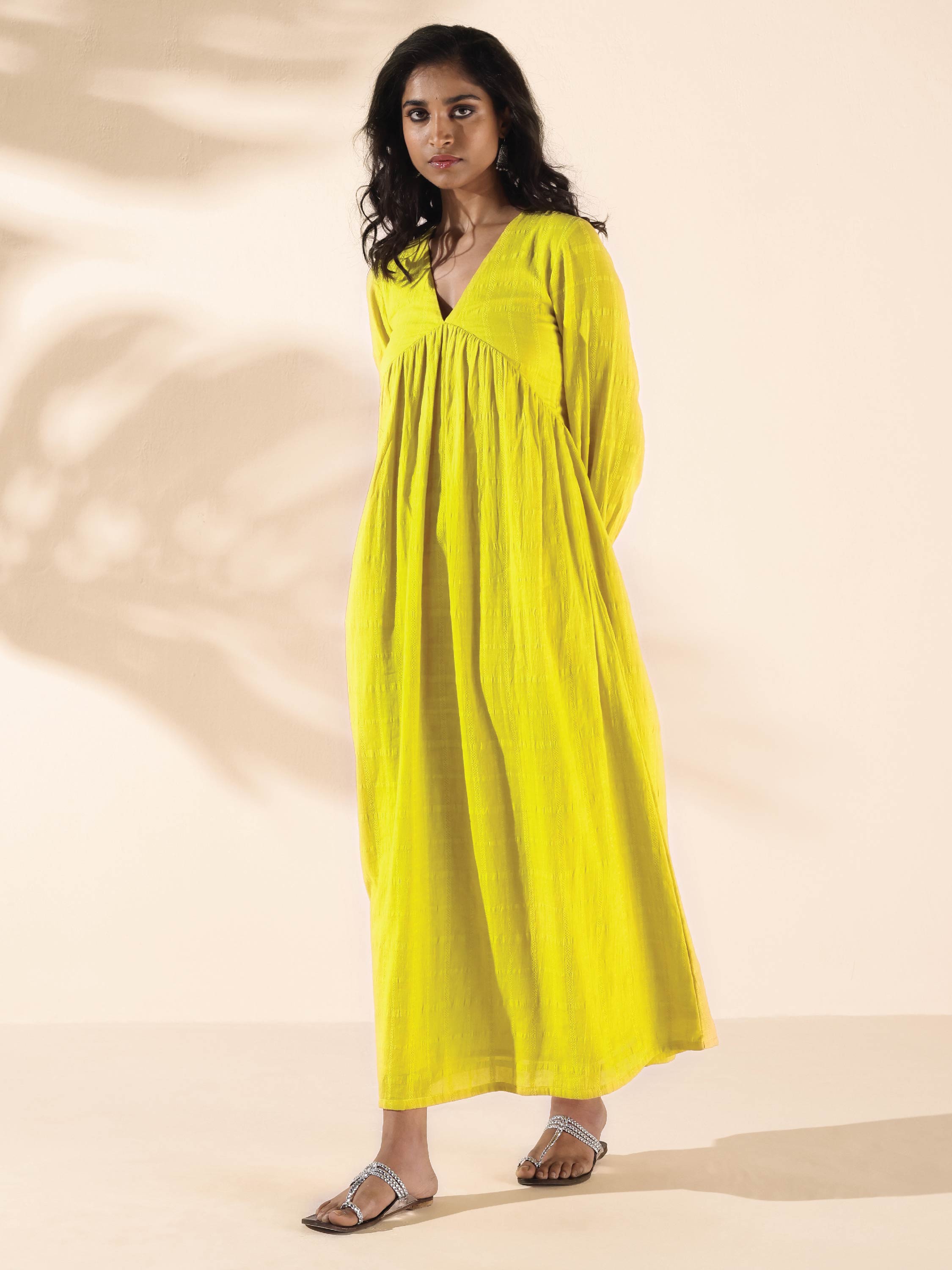 trueBrowns Lime Cotton Dobby Flared Dress | Grocsy
