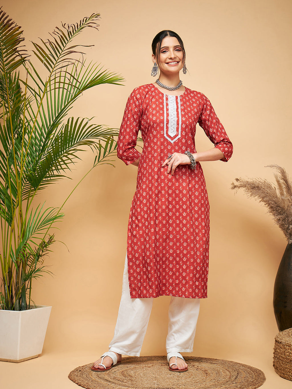 InWeave Women's Rust Small Floral Print Lace Straight Kurta Pant Set | Grocsy