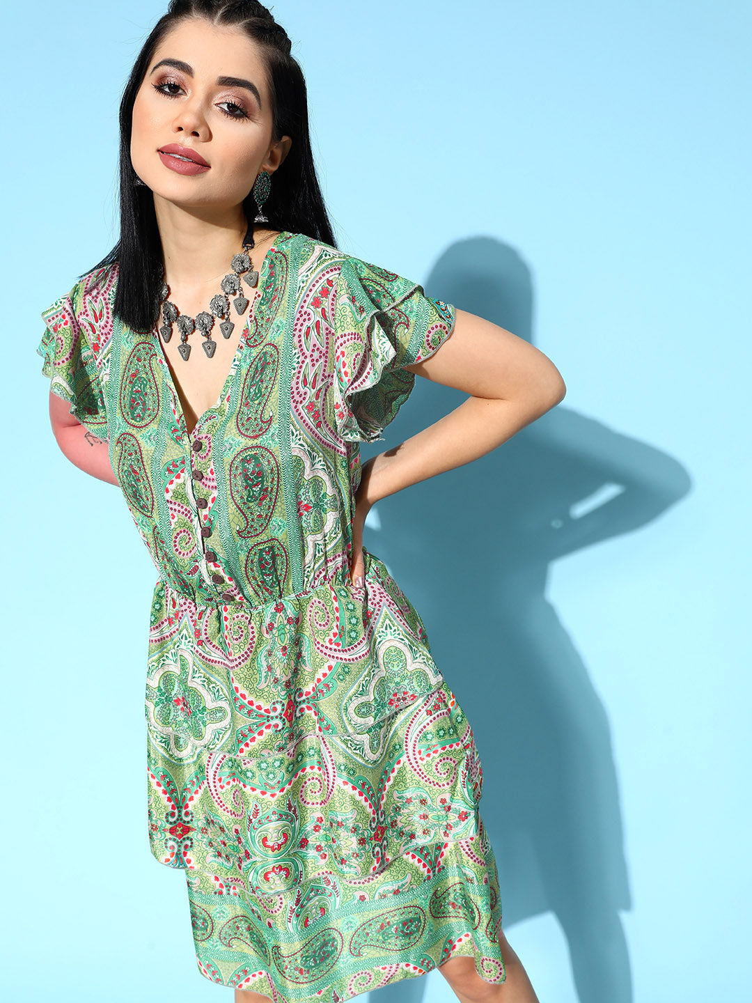 InWeave Women's Soft Green Tiered Short Dress | Grocsy