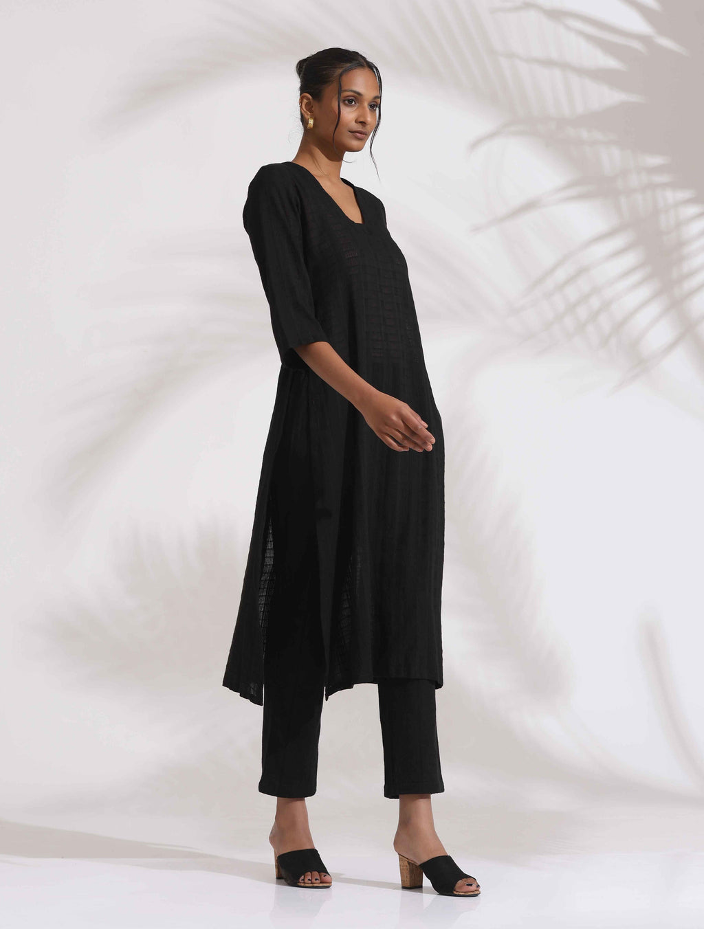 trueBrowns Black Cotton High Slit Kurta Set | Grocsy