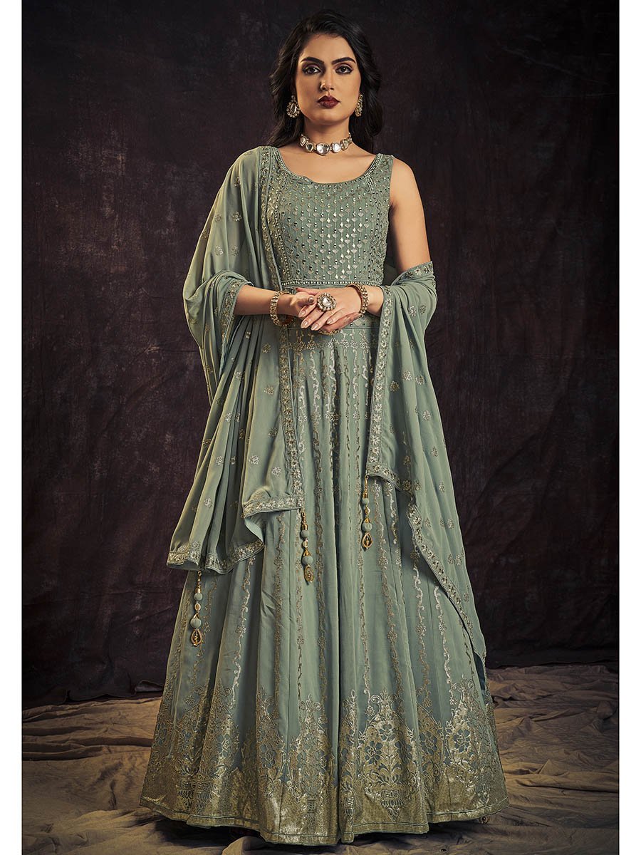 Myra Olive Real Georgette Designer Gown Style Suit | Grocsy
