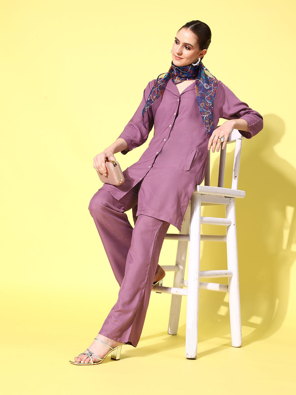 InWeave Women's Mauve Coord Set With Indigo Kalamkari Scarf | Grocsy