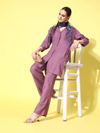 InWeave Women's Mauve Coord Set With Indigo Kalamkari Scarf | Grocsy