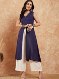 InWeave Royal Blue Lurex V-Neck W/S Front Slit Kurta Pant Set | Grocsy