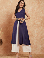 InWeave Royal Blue Lurex V-Neck W/S Front Slit Kurta Pant Set | Grocsy
