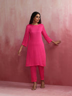 trueBrowns Pink Modal Round Neck Kurta Co-ord Set | Grocsy