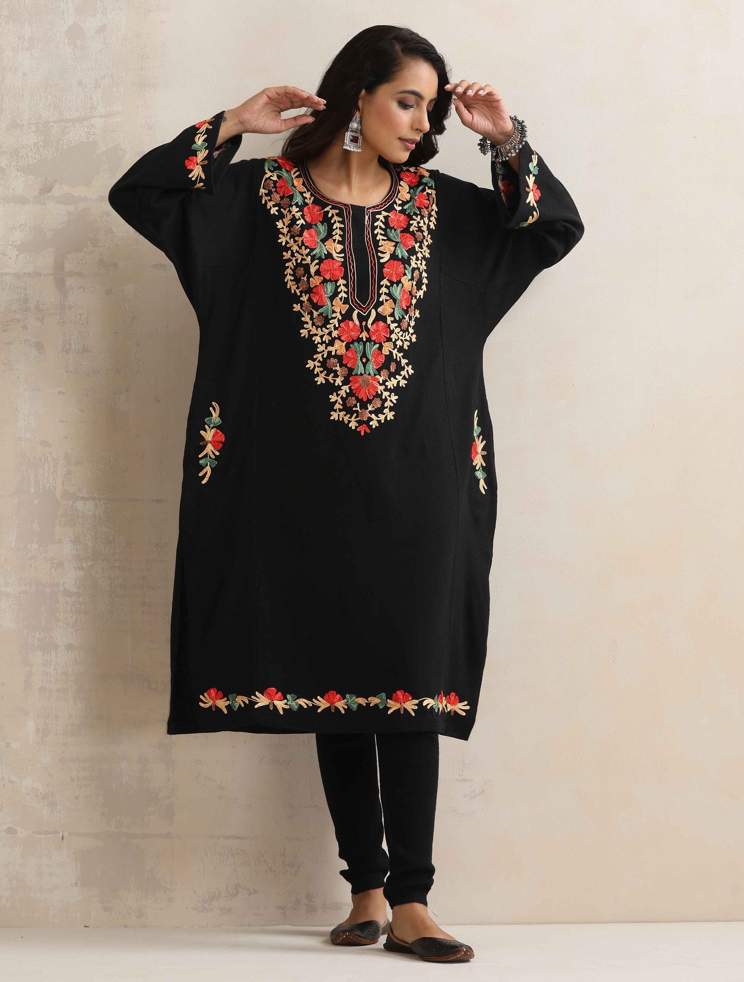 trueBrowns Black Kashmiri Embroidered Woollen Phiran Kurta | Grocsy