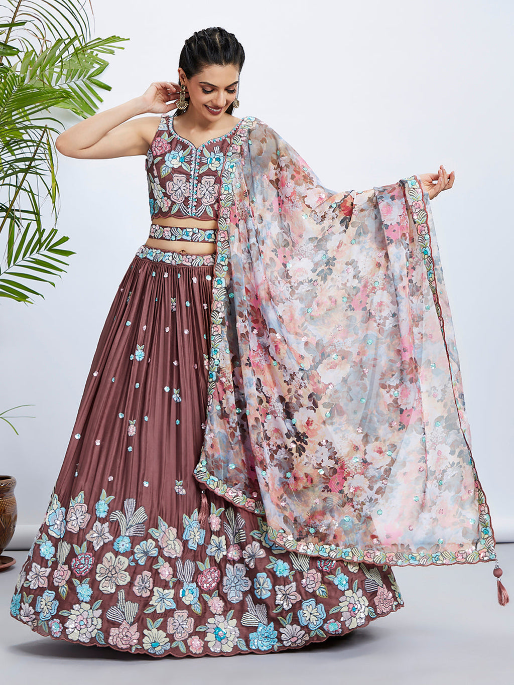 House of Panchhi Rose Gold Pure Georgette Sequins And Thread Embroidery Lehenga Choli & Dupatta | Grocsy