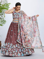 House of Panchhi Rose Gold Pure Georgette Sequins And Thread Embroidery Lehenga Choli & Dupatta | Grocsy