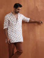 trueBrowns Men's Ivory Printed Short Kurta | Grocsy