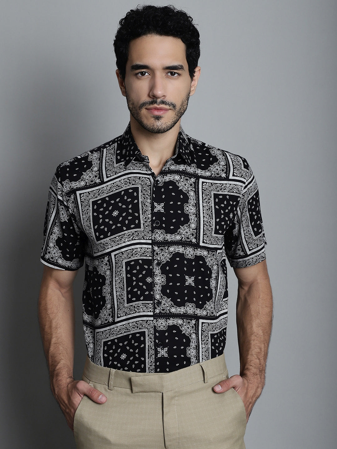 Jainish Men's Paisley Printed Formal Shirts - Black | Grocsy
