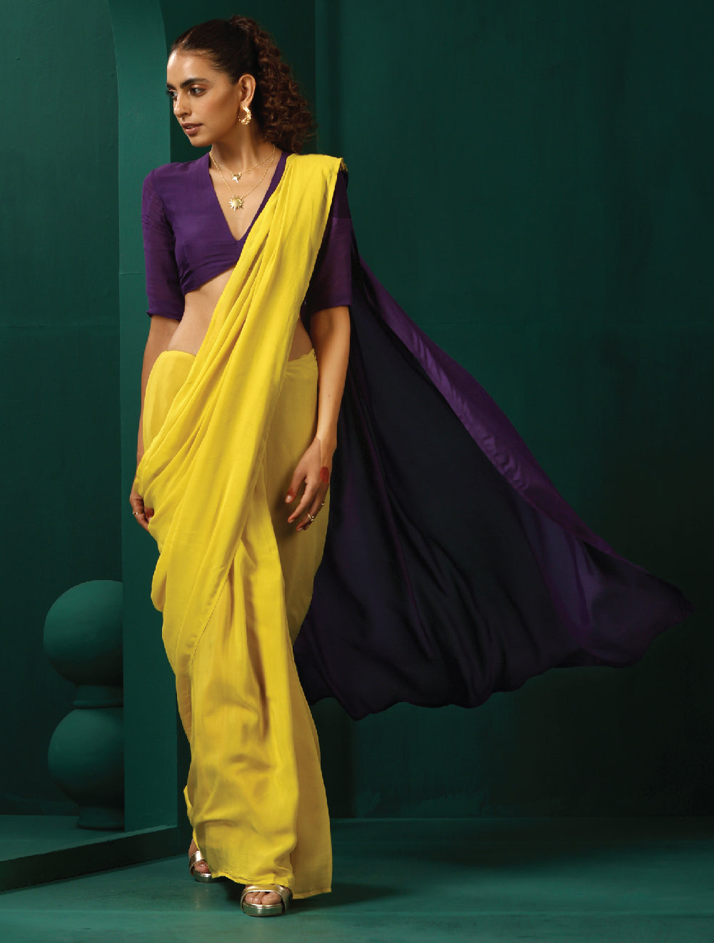 trueBrowns Yellow Purple Muslin Silk Ready to Wear Saree | Grocsy