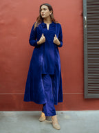 trueBrowns Blue Solid Velvet Overlay Jacket | Grocsy