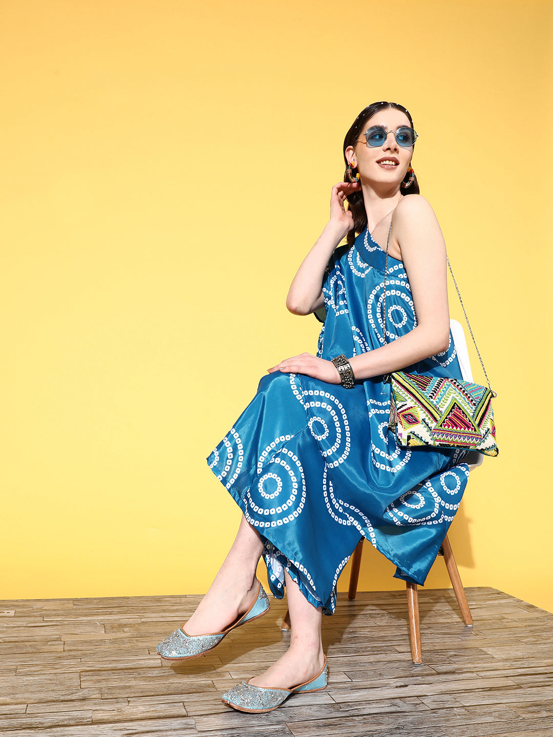 InWeave Women's Blue Bandhani Motif One Shoulder Palazzo Set | Grocsy