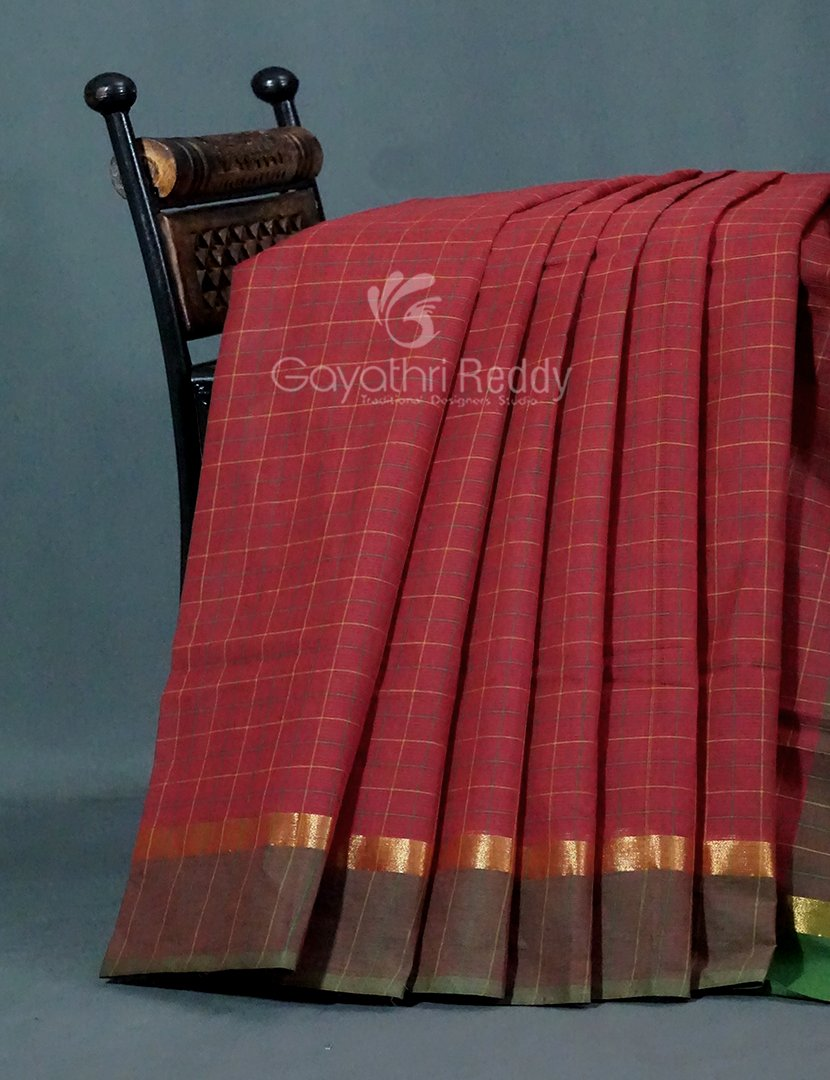 Maroon With Checks Pure Mangalgiri Cotton Saree By Gayathri Reddy Designer Studio | Grocsy