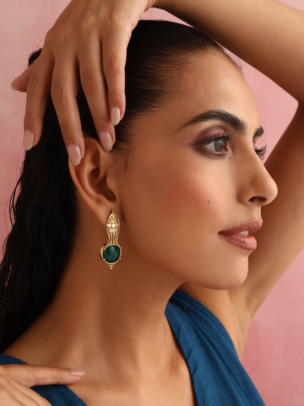 trueBrowns Brass Green Stone Abstarct Earrings | Grocsy