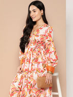 Ahalyaa Floral Printed Tie-Ups Crepe Empire Ethnic Dress | Grocsy
