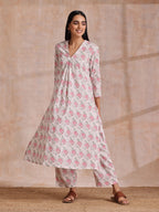 trueBrowns Pink Green Buta On White Block Print Cotton Slit Kurta Pant Set | Grocsy