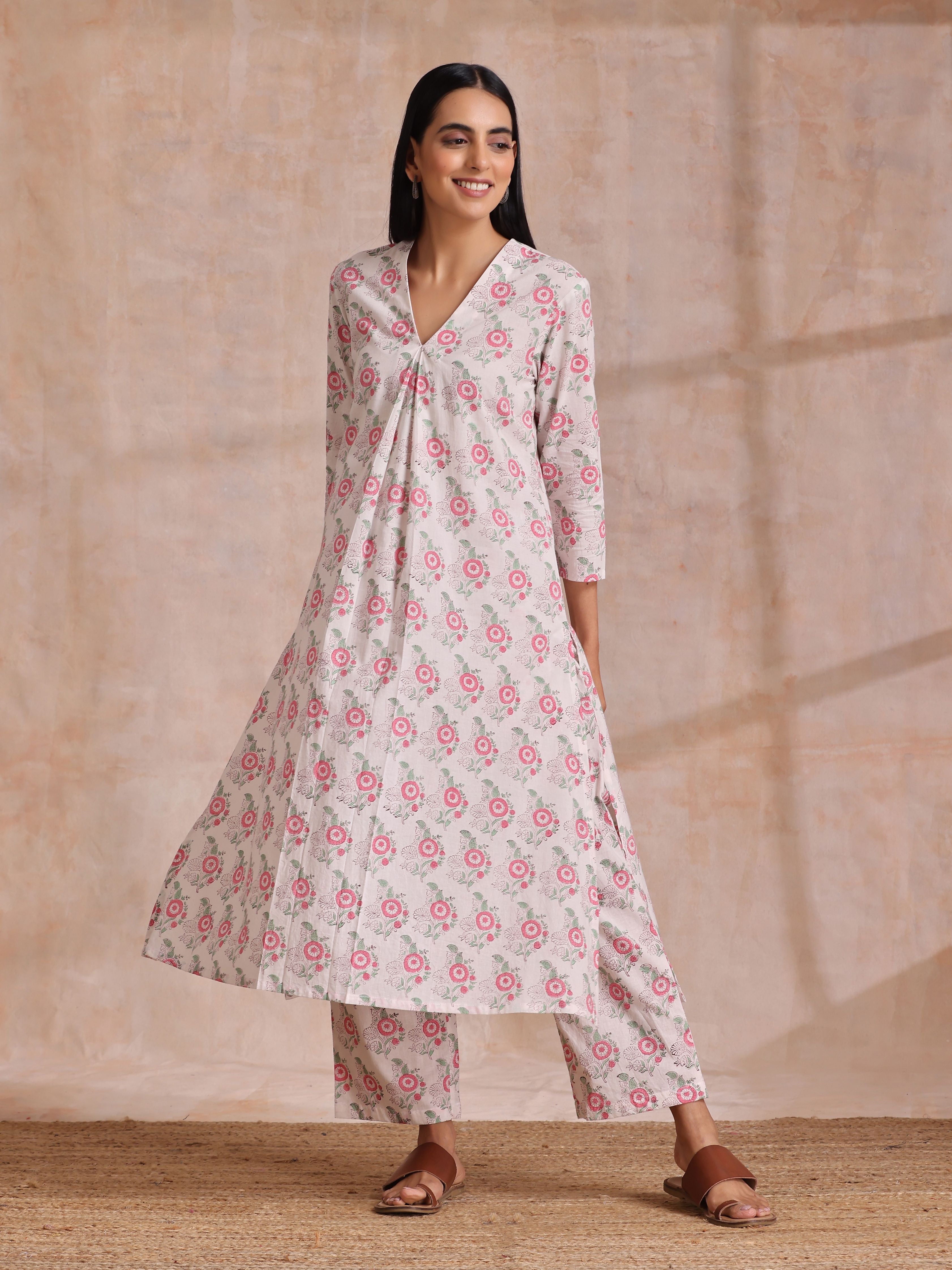 trueBrowns Pink Green Buta On White Block Print Cotton Slit Kurta Pant Set | Grocsy