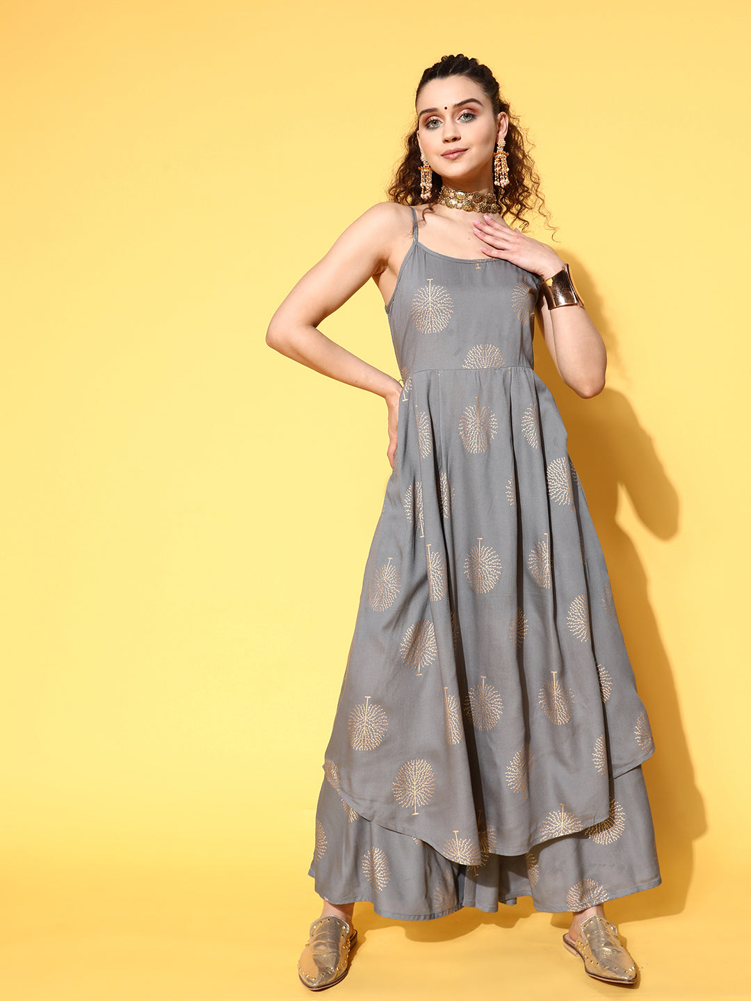 InWeave Women's Grey Gold Strappy Kurta Set | Grocsy