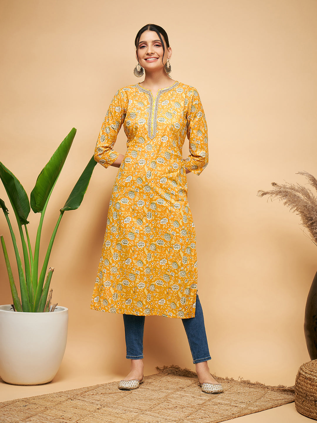InWeave Women's Yellow Foil Print Gota Straight Kurta | Grocsy