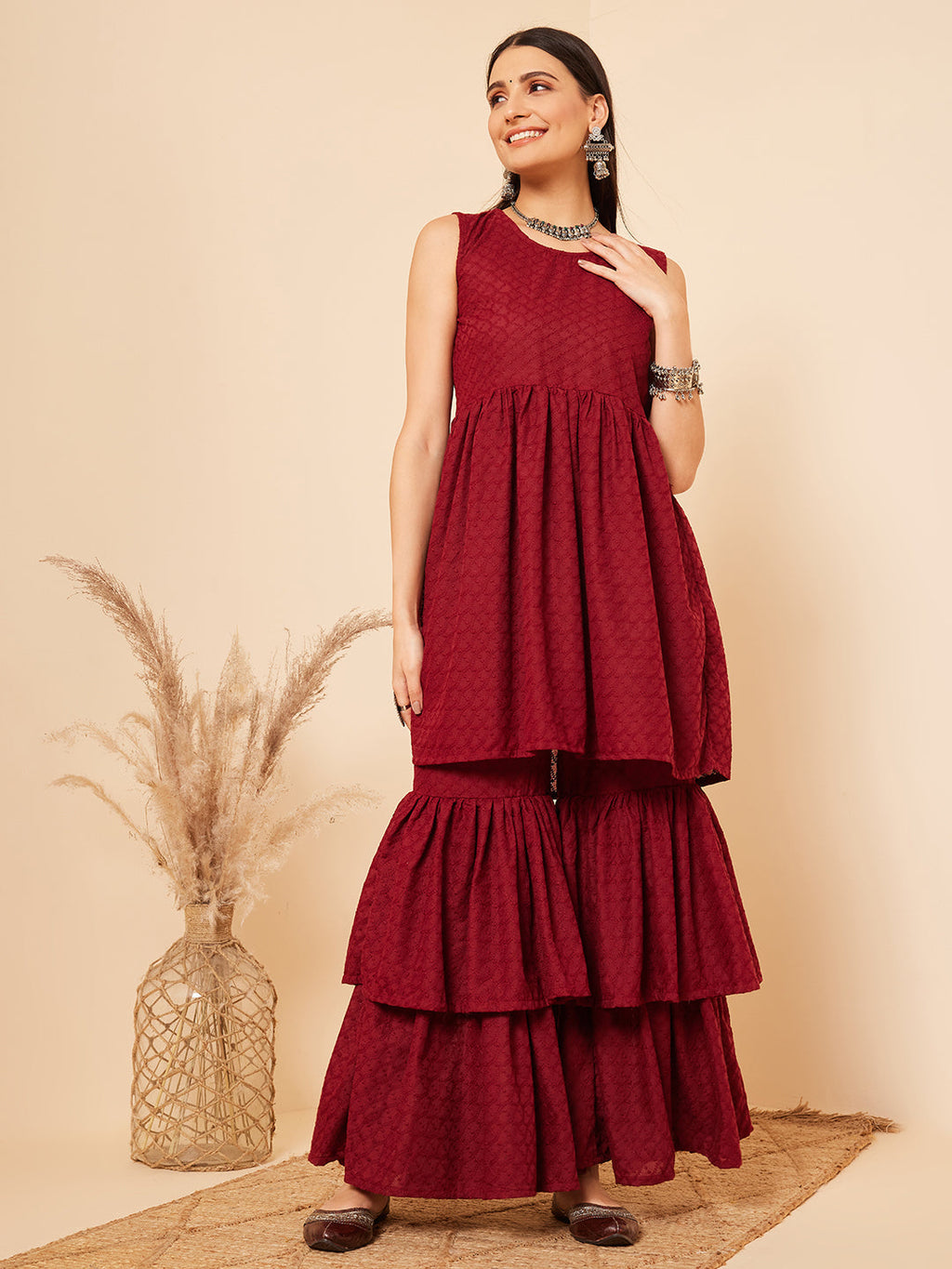InWeave Women's Carmine Maroon Lace Work Double Layer Sharara Set | Grocsy