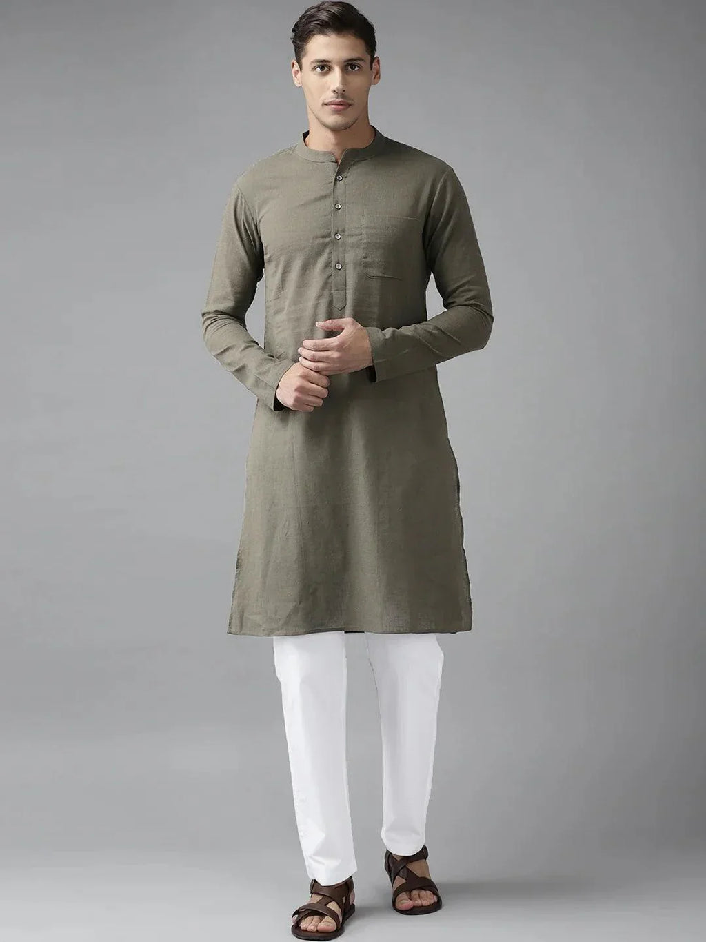 Fabmade Men Khaki Cotton Linen Kurta | Grocsy
