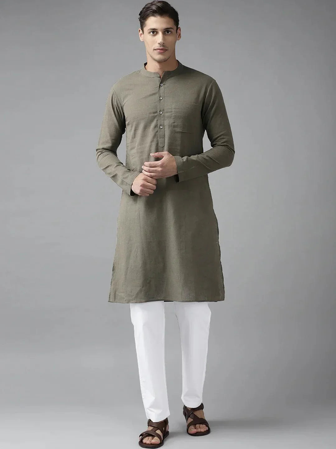 Fabmade Men Khaki Cotton Linen Kurta | Grocsy