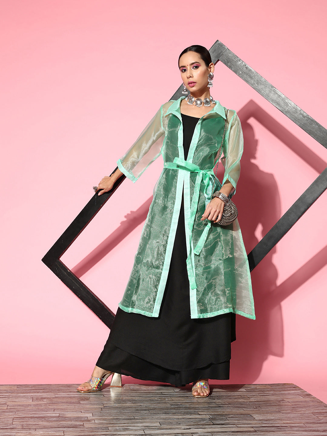 InWeave Women's Black Strappy Kurta Set With Teal Organza Cape | Grocsy