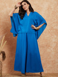 InWeave Women's Ink Blue Solid Collar Neck Boho Top Bottom Set | Grocsy