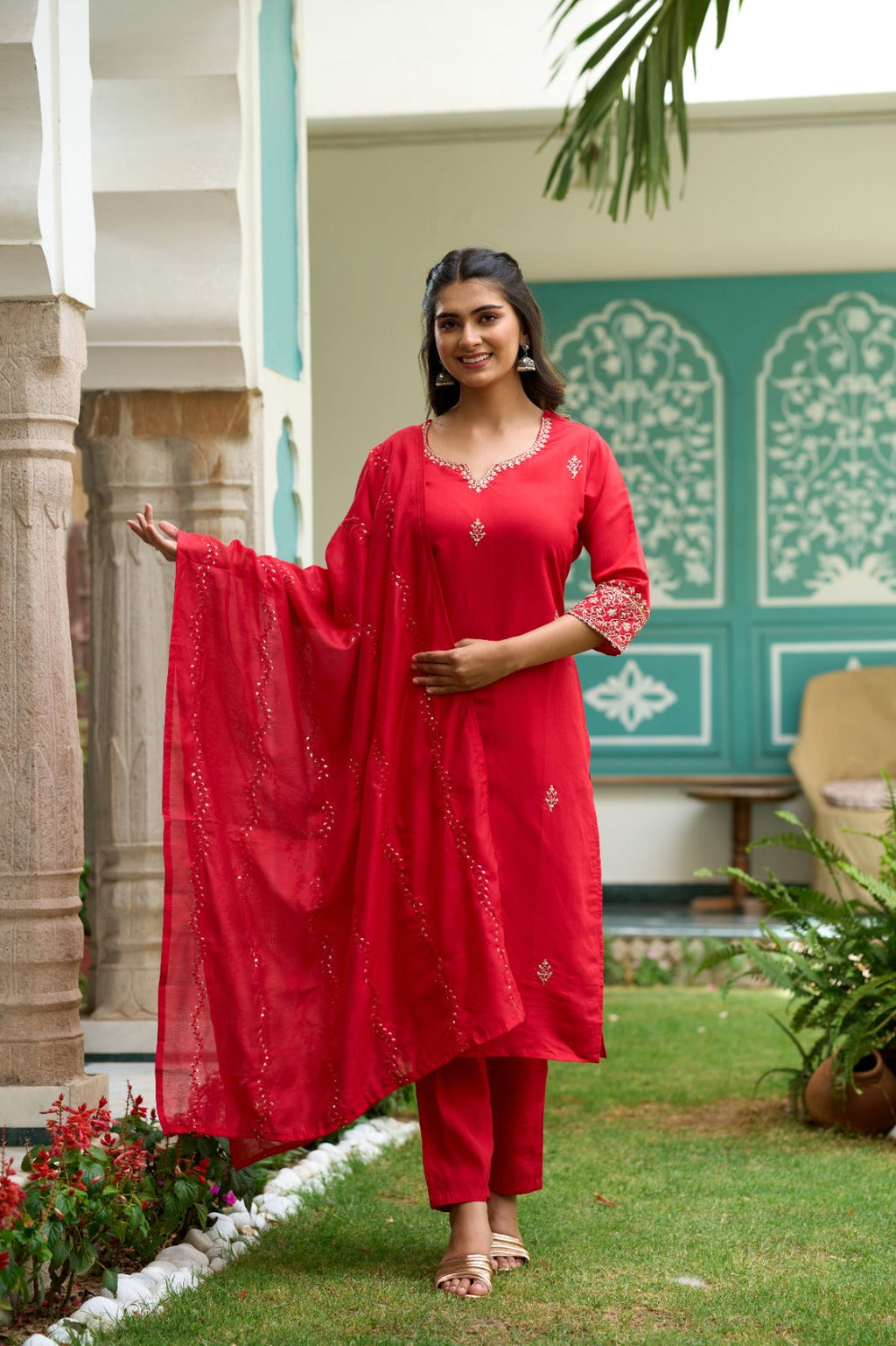 The52 Gajari Red Embroidered Chanderi Fabric Straight Kurta, Pant and Dupatta Set | Grocsy