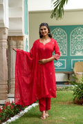 The52 Gajari Red Embroidered Chanderi Fabric Straight Kurta, Pant and Dupatta Set | Grocsy