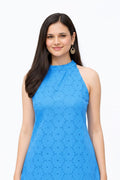 Myshka Women Blue Pure Cotton Embroidered Halter Neck Regular Top | Grocsy