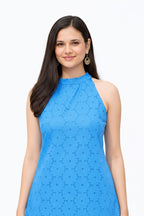 Myshka Women Blue Pure Cotton Embroidered Halter Neck Regular Top | Grocsy