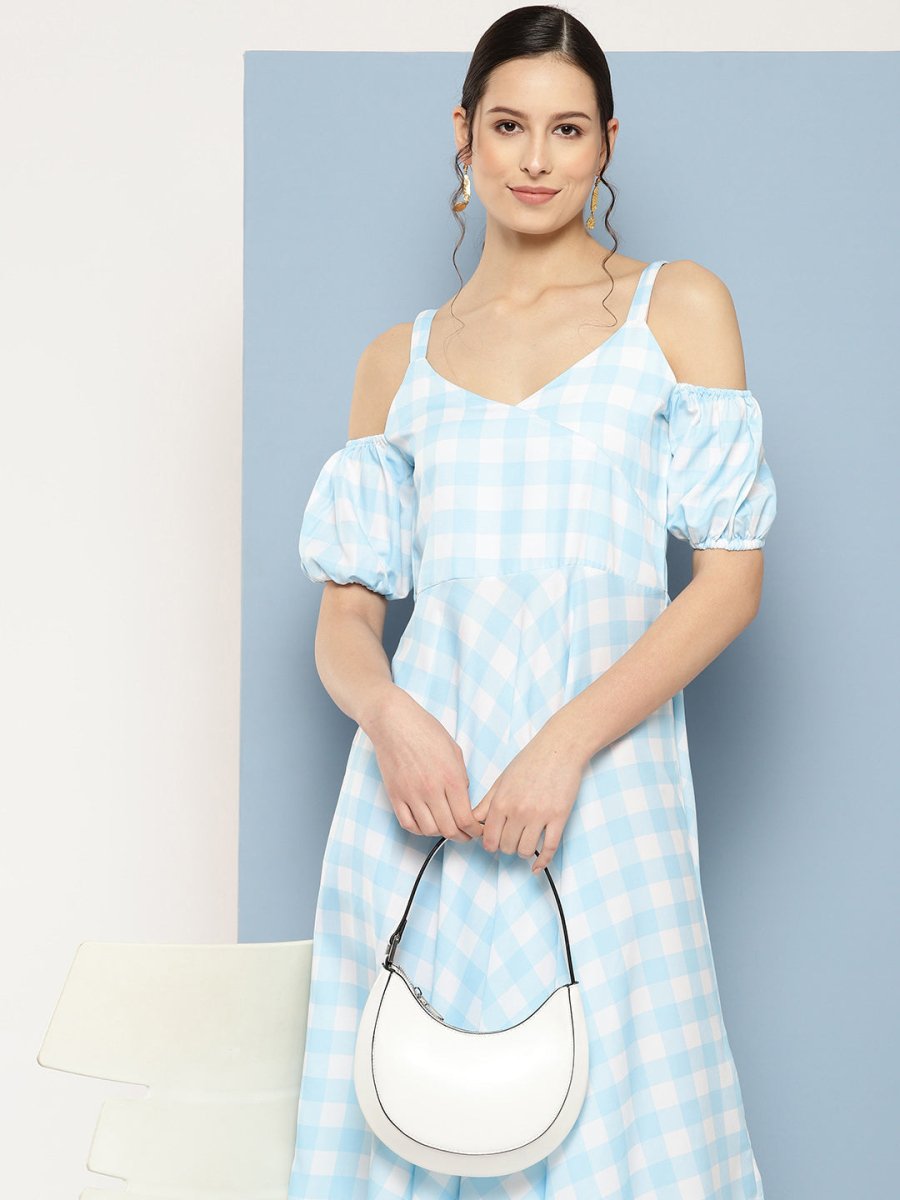 Ahalyaa Checked Cold-Shoulder Sleeves Midi Empire Ethnic Dress | Grocsy