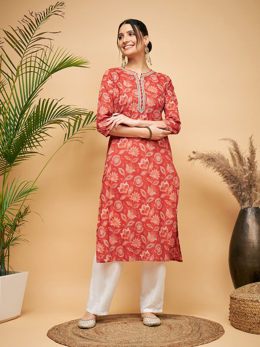 InWeave Women's Rust Paisley Print Gota Straight Kurta | Grocsy